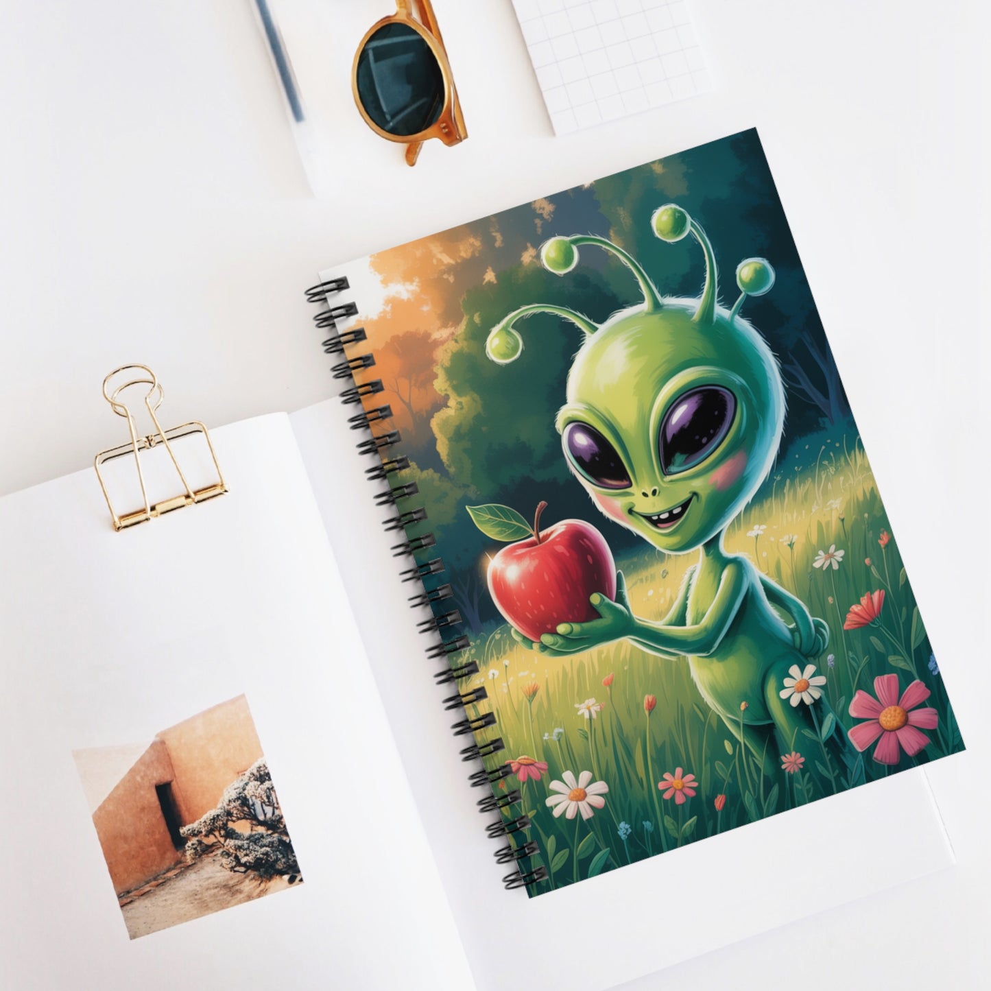 Green Apple Alien - Lined Spiral Notebook