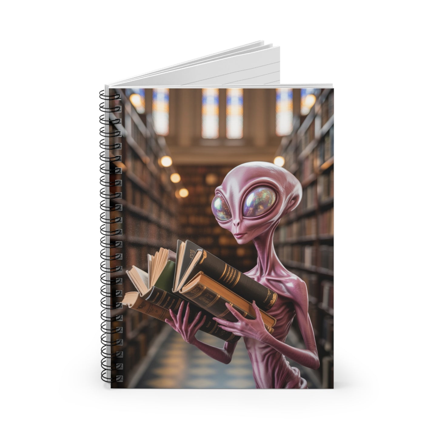 Pink Library Alien - Lined Spiral Notebook