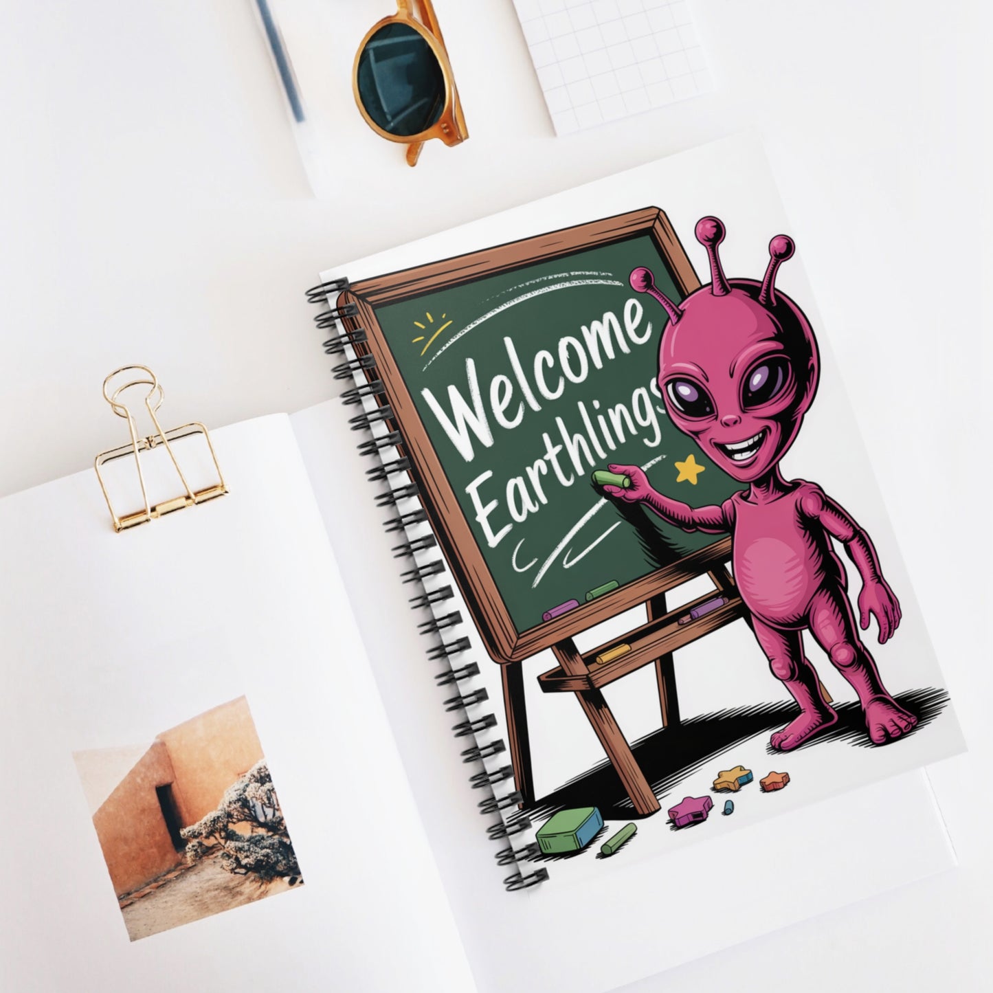 Pink "Welcome Earthlings" Alien - Lined Spiral Notebook