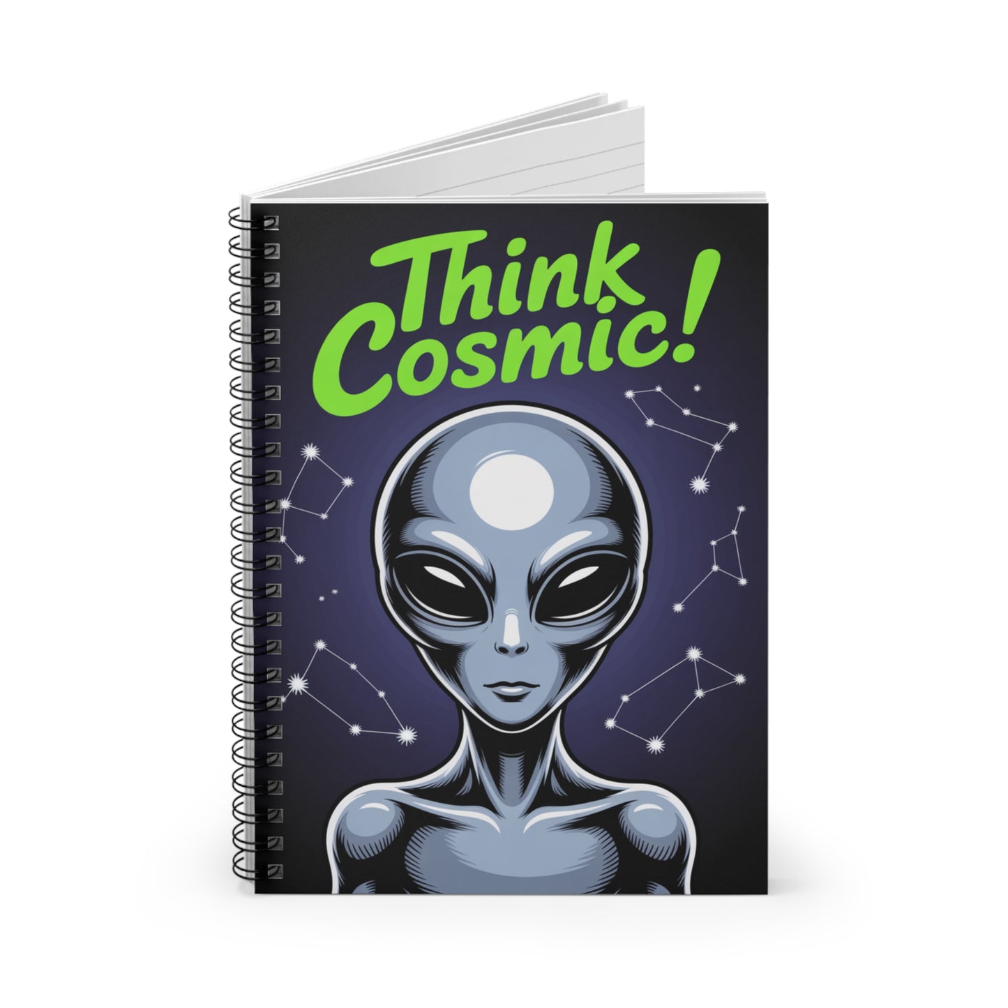 Grey "Think Cosmic!" Alien - Lined Spiral Notebook