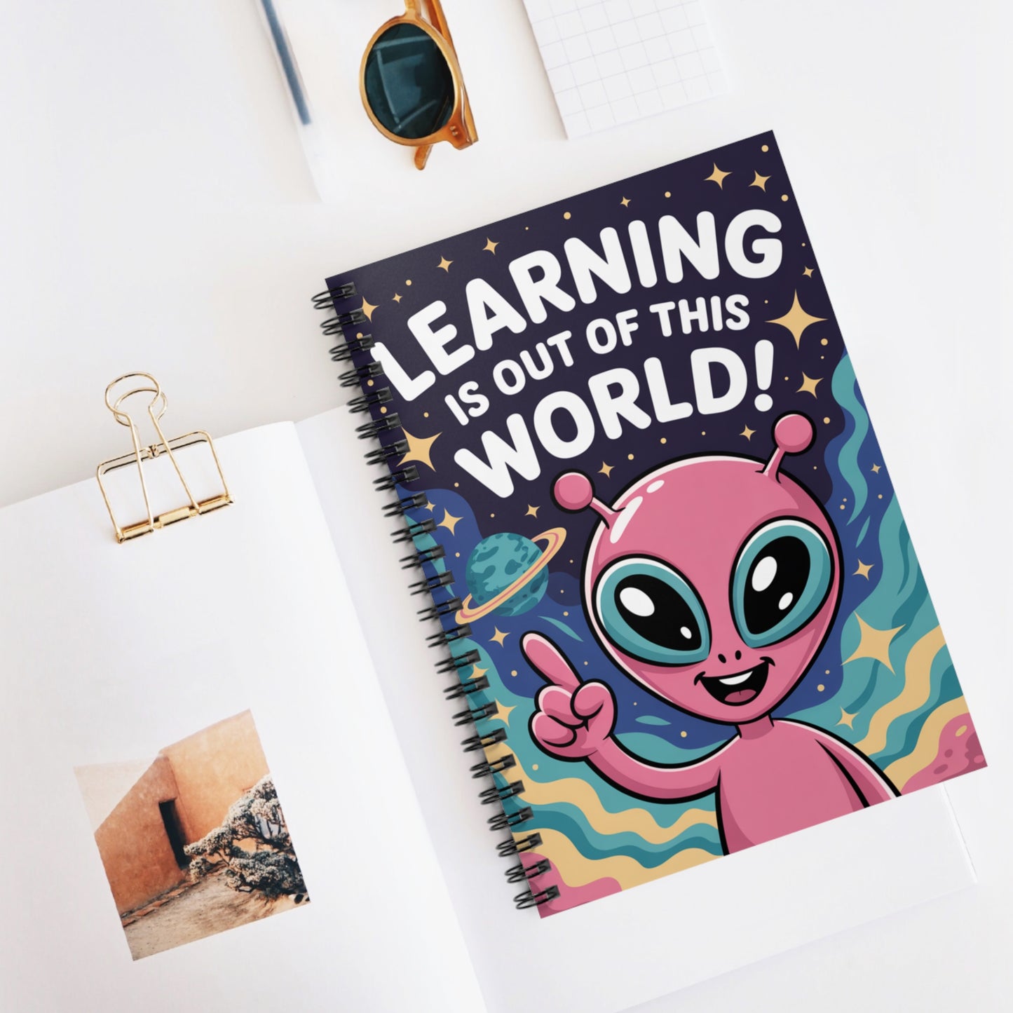 Pink "Learning is Out of this World!" Alien - Lined Spiral Notebook