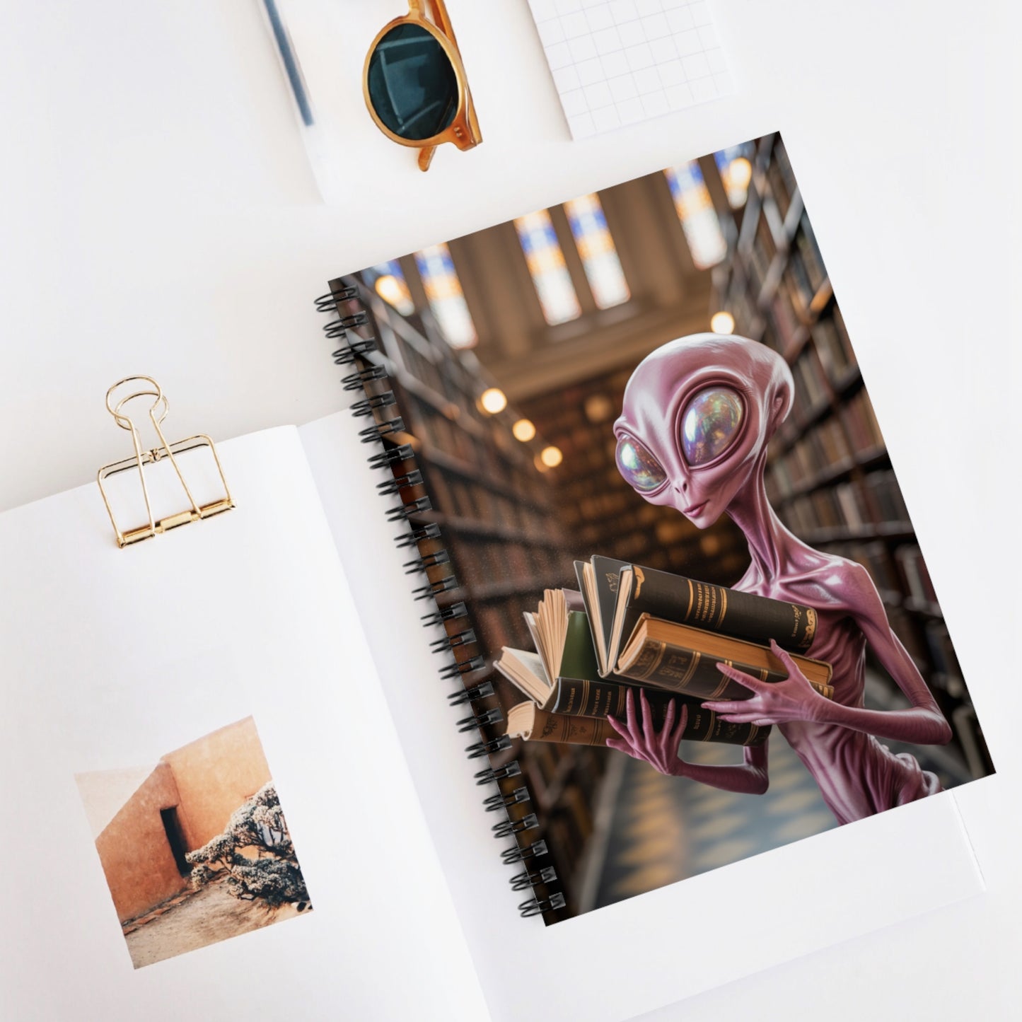 Pink Library Alien - Lined Spiral Notebook
