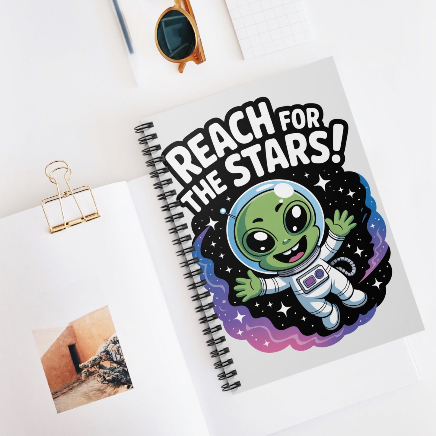 Green "Reach for the Stars!" Alien - Lined Spiral Notebook