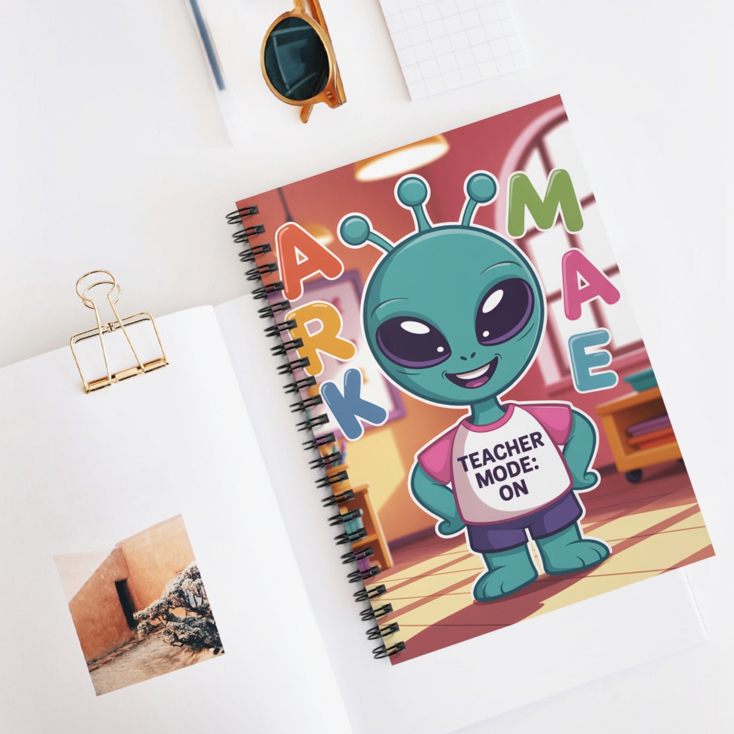 Blue "Teacher Mode: On" Alien - Lined Spiral Notebook