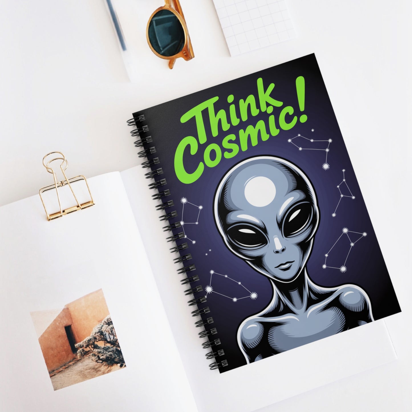 Grey "Think Cosmic!" Alien - Lined Spiral Notebook