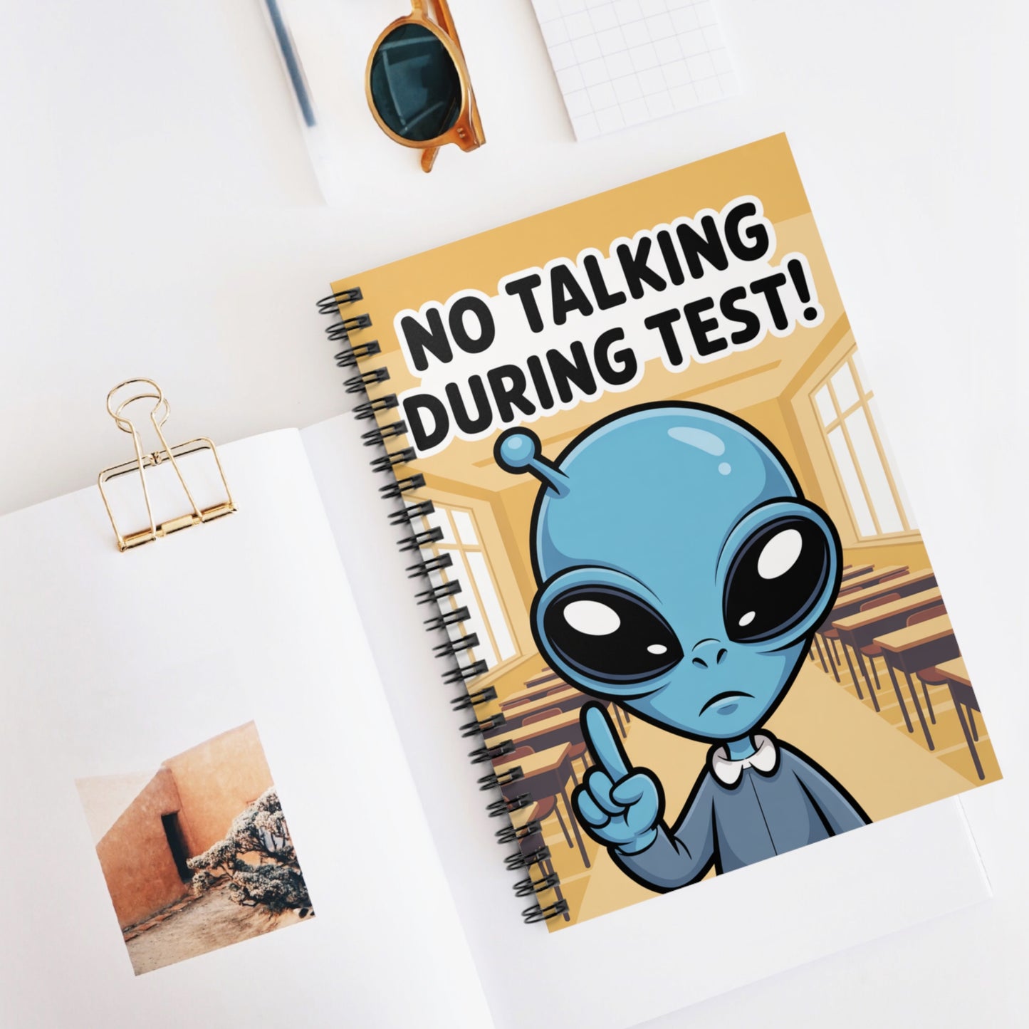 Blue "No Talking During Test!" Alien - Lined Spiral Notebook