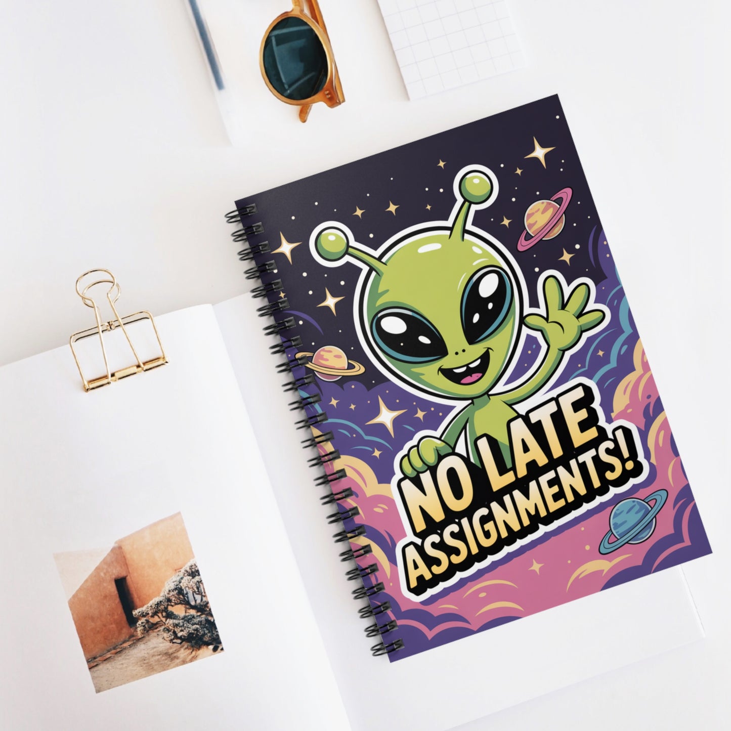 Green "No Late Assignments!" Alien - Lined Spiral Notebook