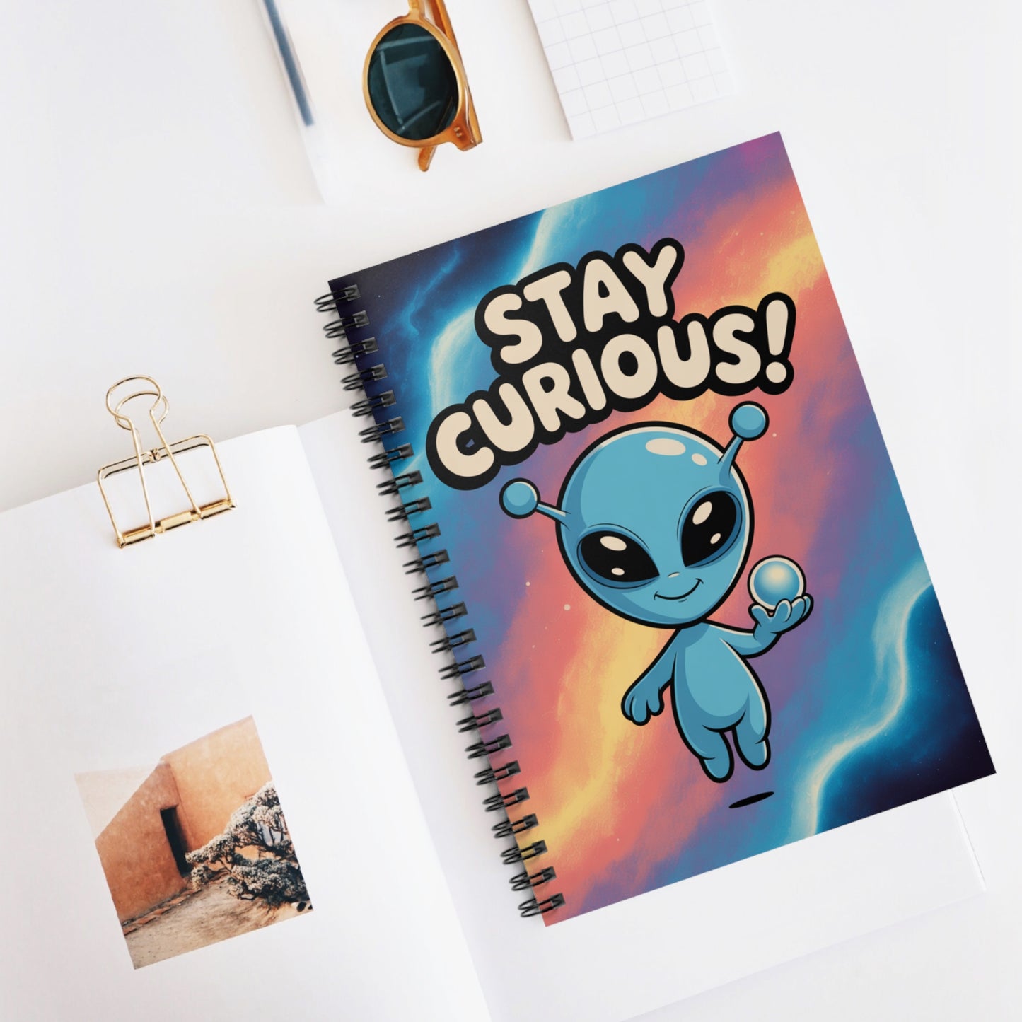 Blue "Stay Curious" Alien - Lined Spiral Notebook