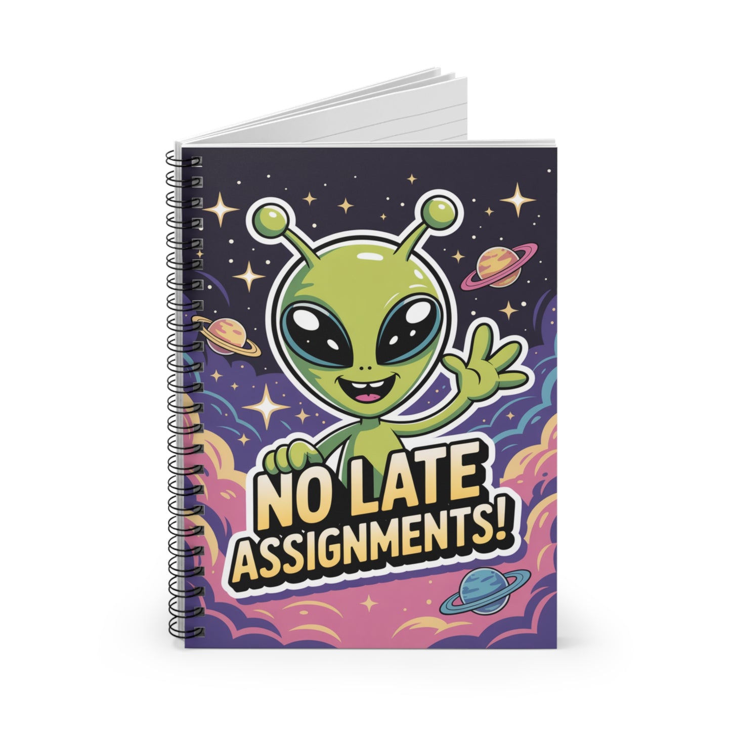 Green "No Late Assignments!" Alien - Lined Spiral Notebook