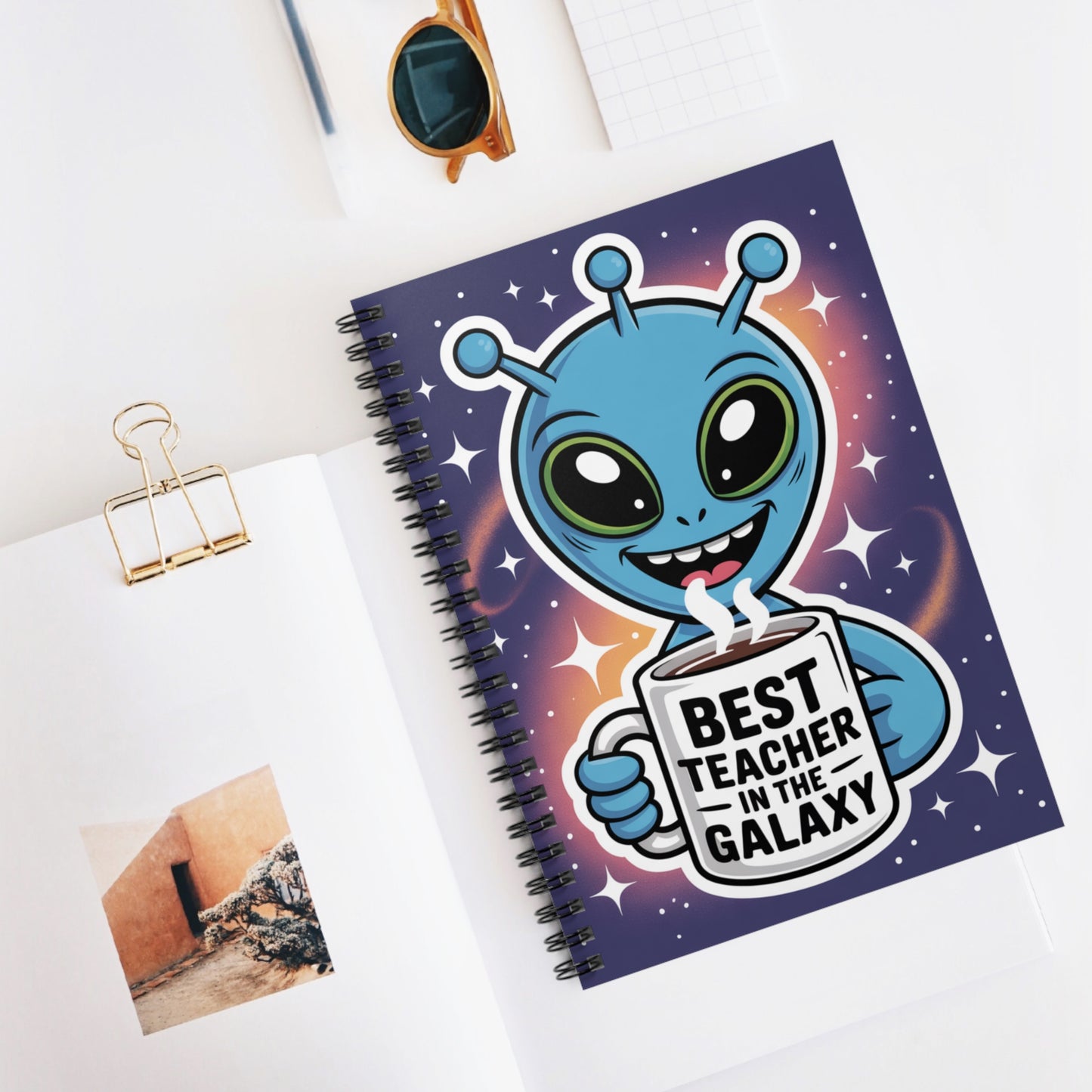 Blue "Best Teacher in the Galaxy" Alien - Lined Spiral Notebook