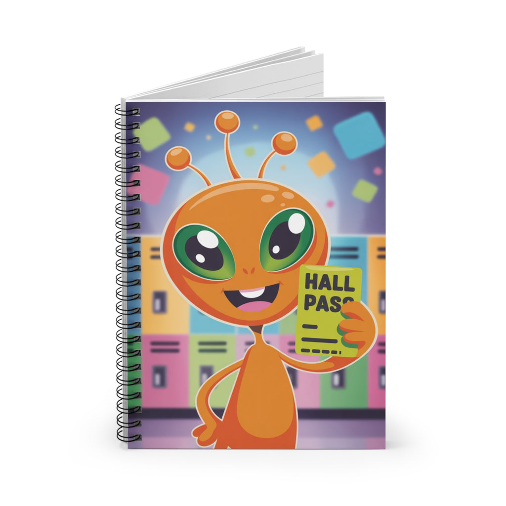 Orange Hall Pass Alien -  Lined Spiral Notebook