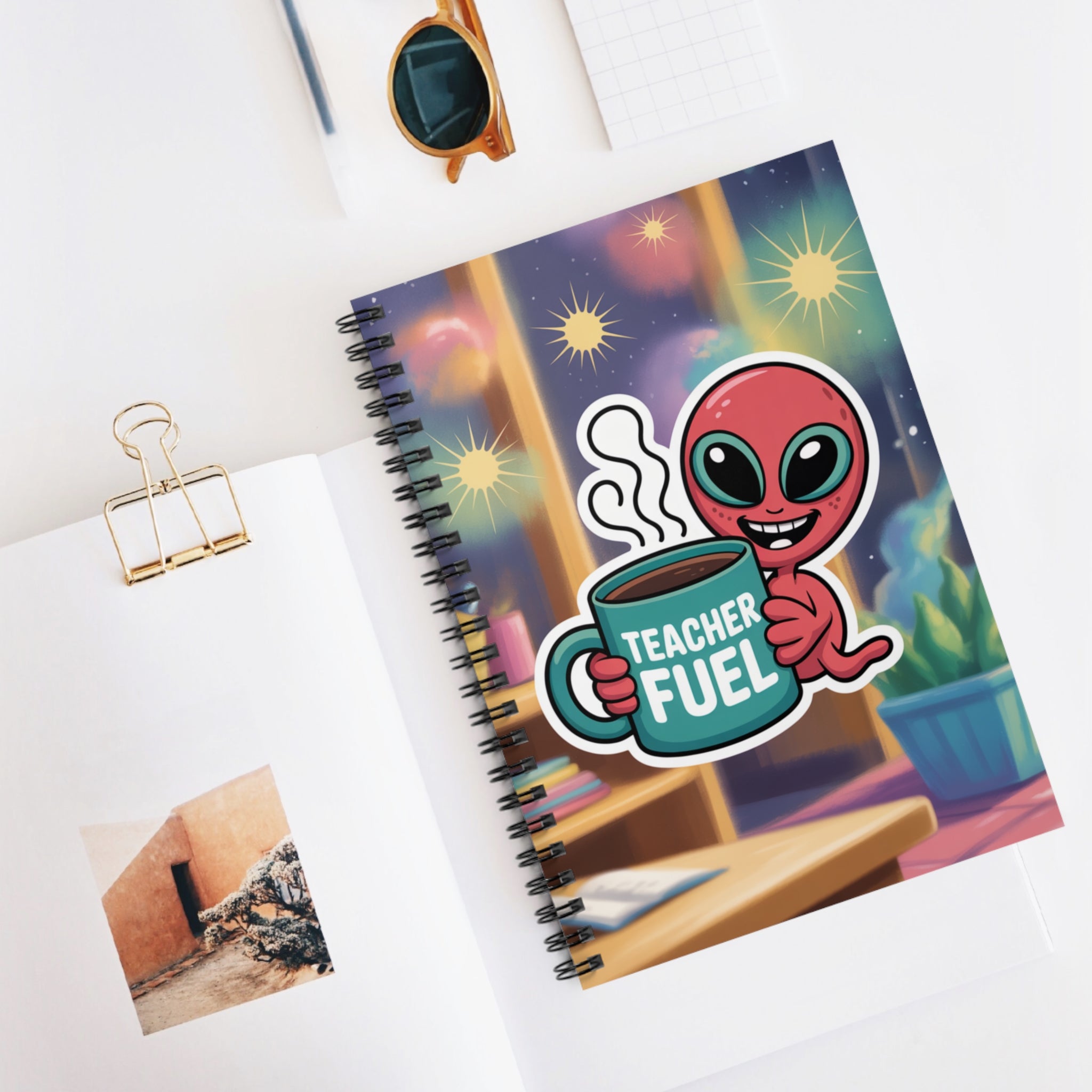 Pink "Teachers Fuel" Alien -  Lined Spiral Notebook