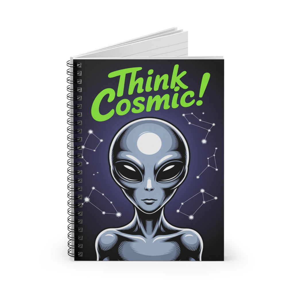 Grey "Think Cosmic!" Alien -  Lined Spiral Notebook