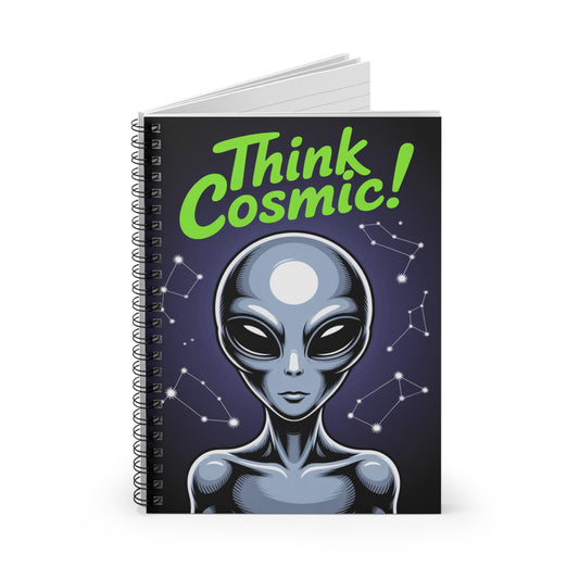 Grey "Think Cosmic!" Alien -  Lined Spiral Notebook