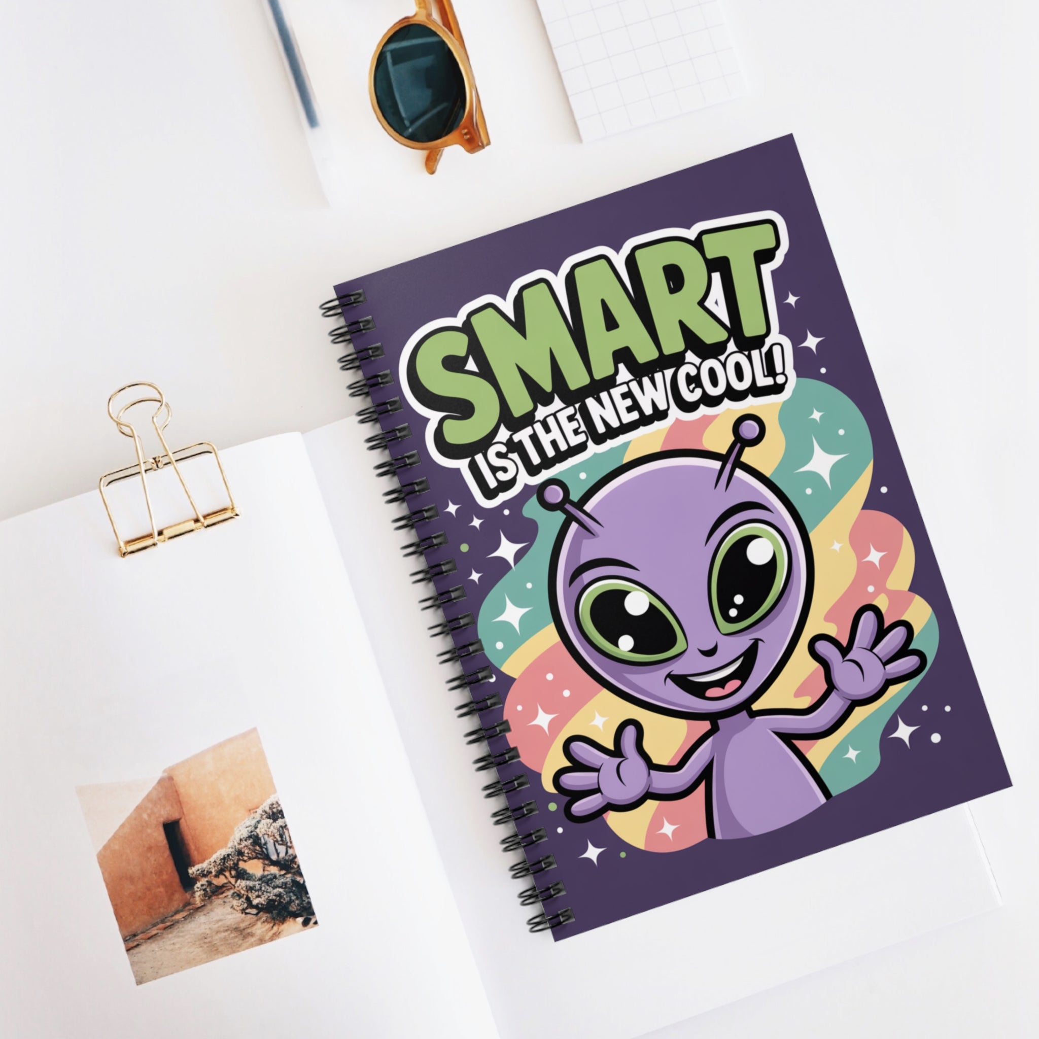 Purple "Smart is the New Cool" Alien -  Lined Spiral Notebook
