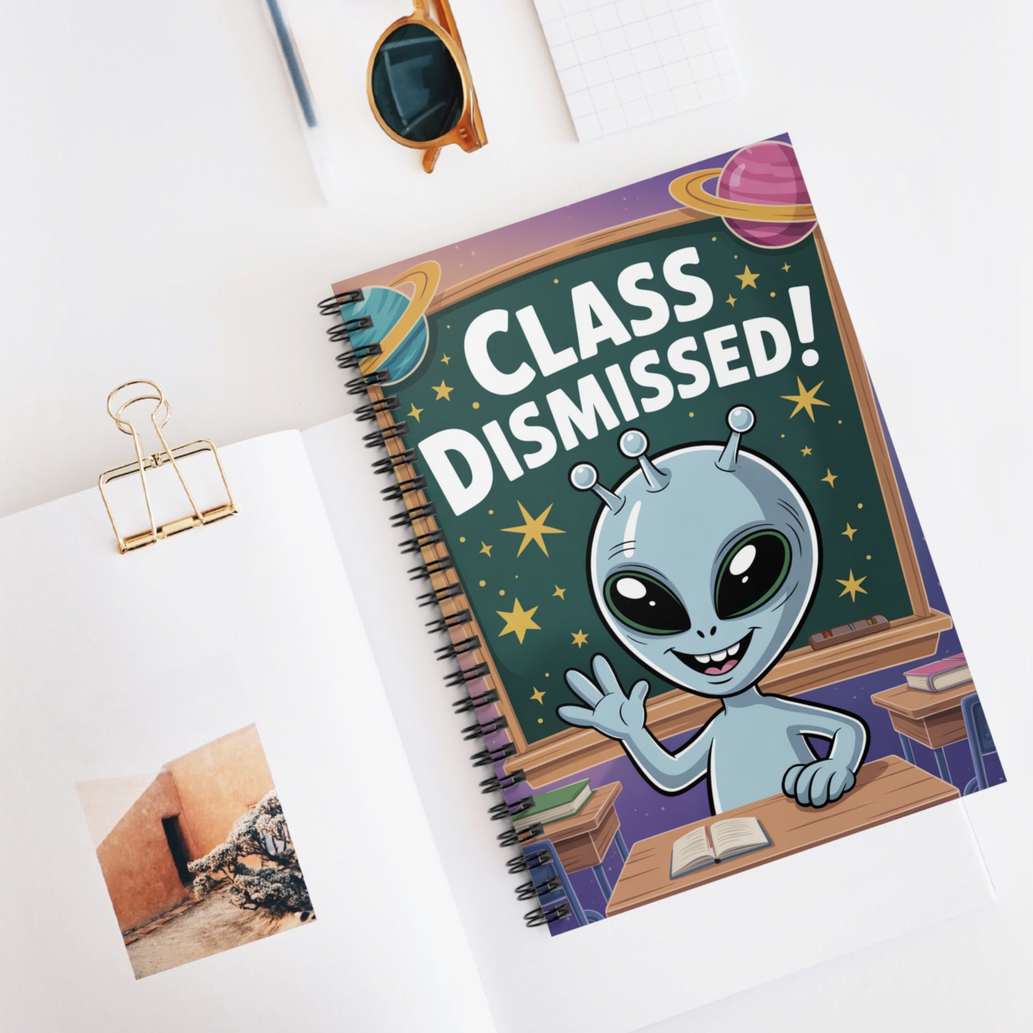 Grey "Class Dismissed!" Alien -  Lined Spiral Notebook