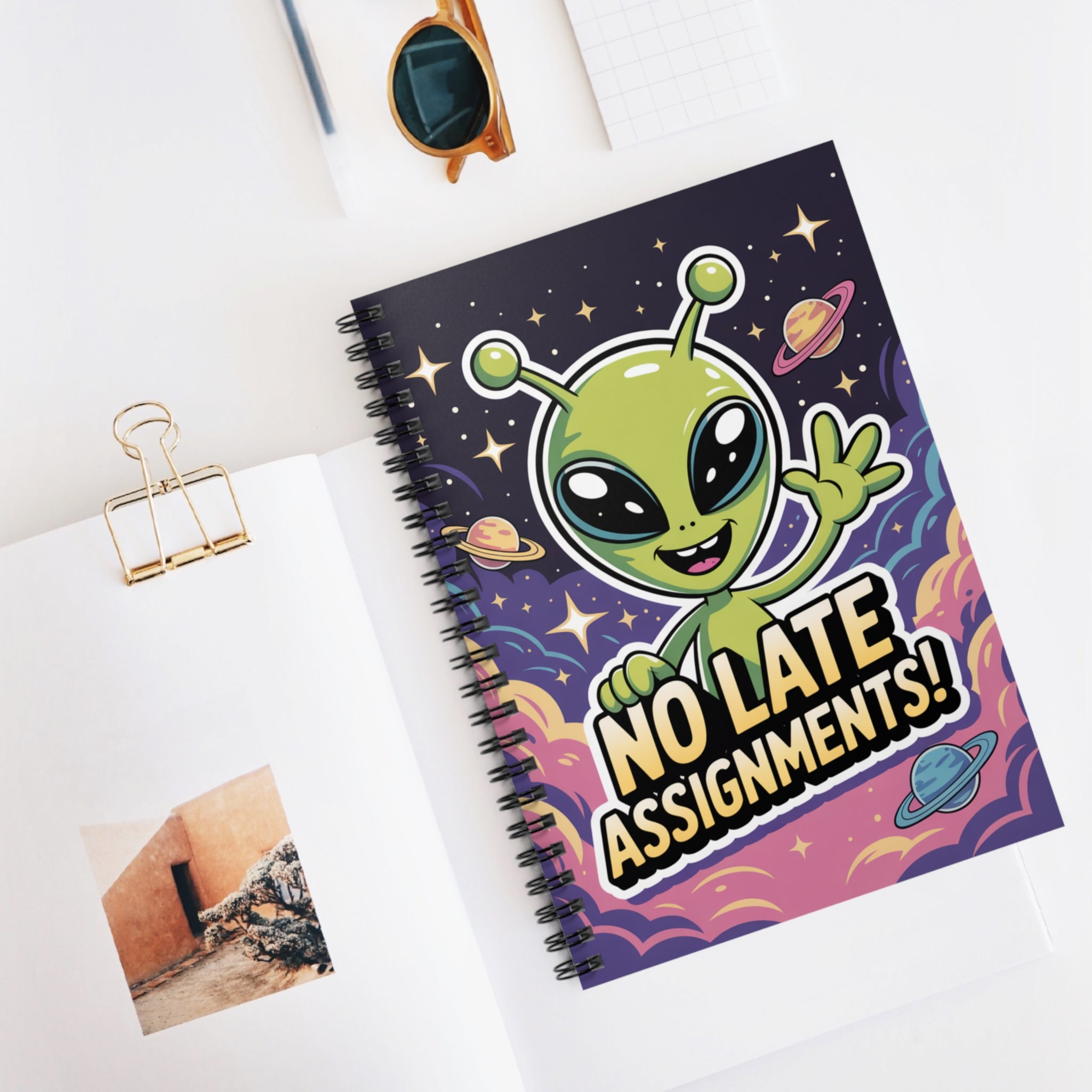Green "No Late Assignments!" Alien -  Lined Spiral Notebook
