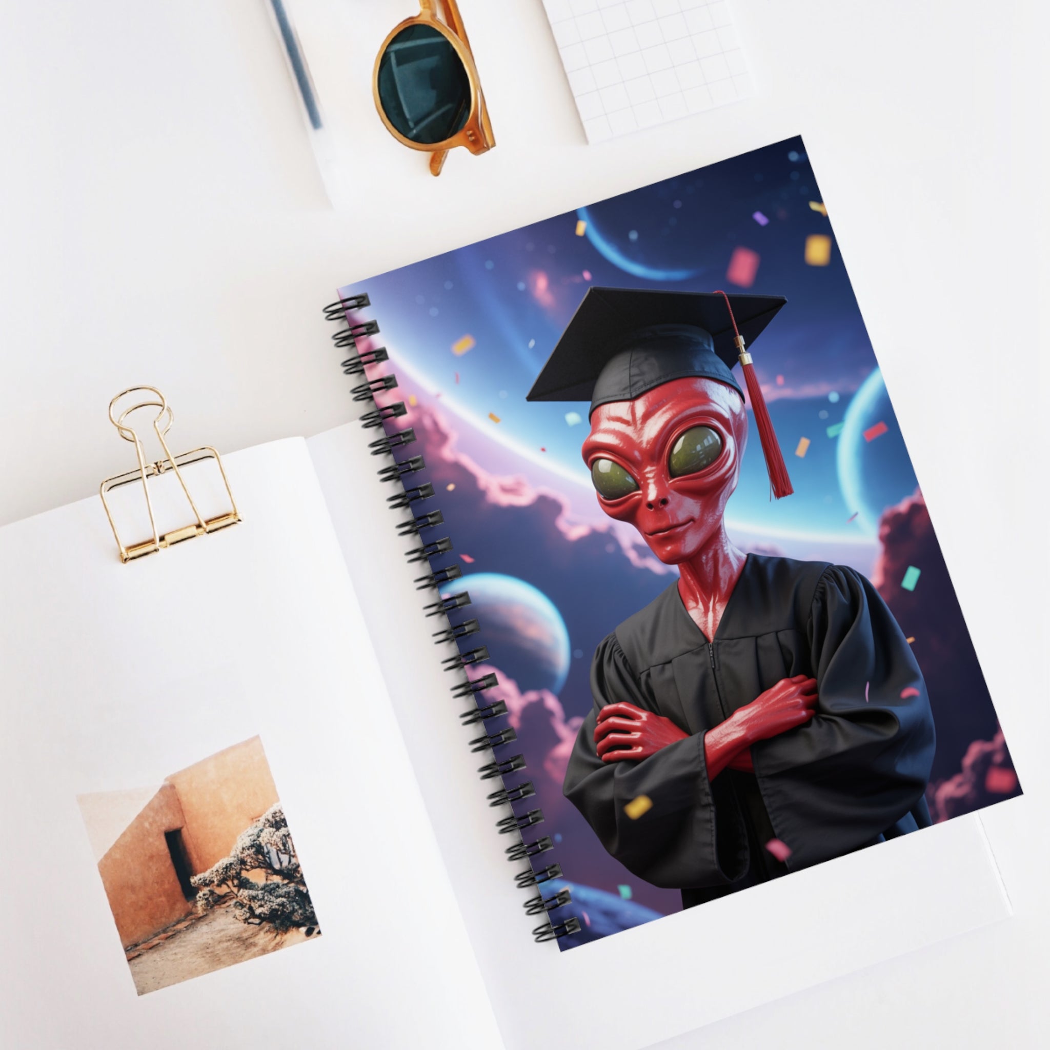 Red Graduation Alien -  Lined Spiral Notebook