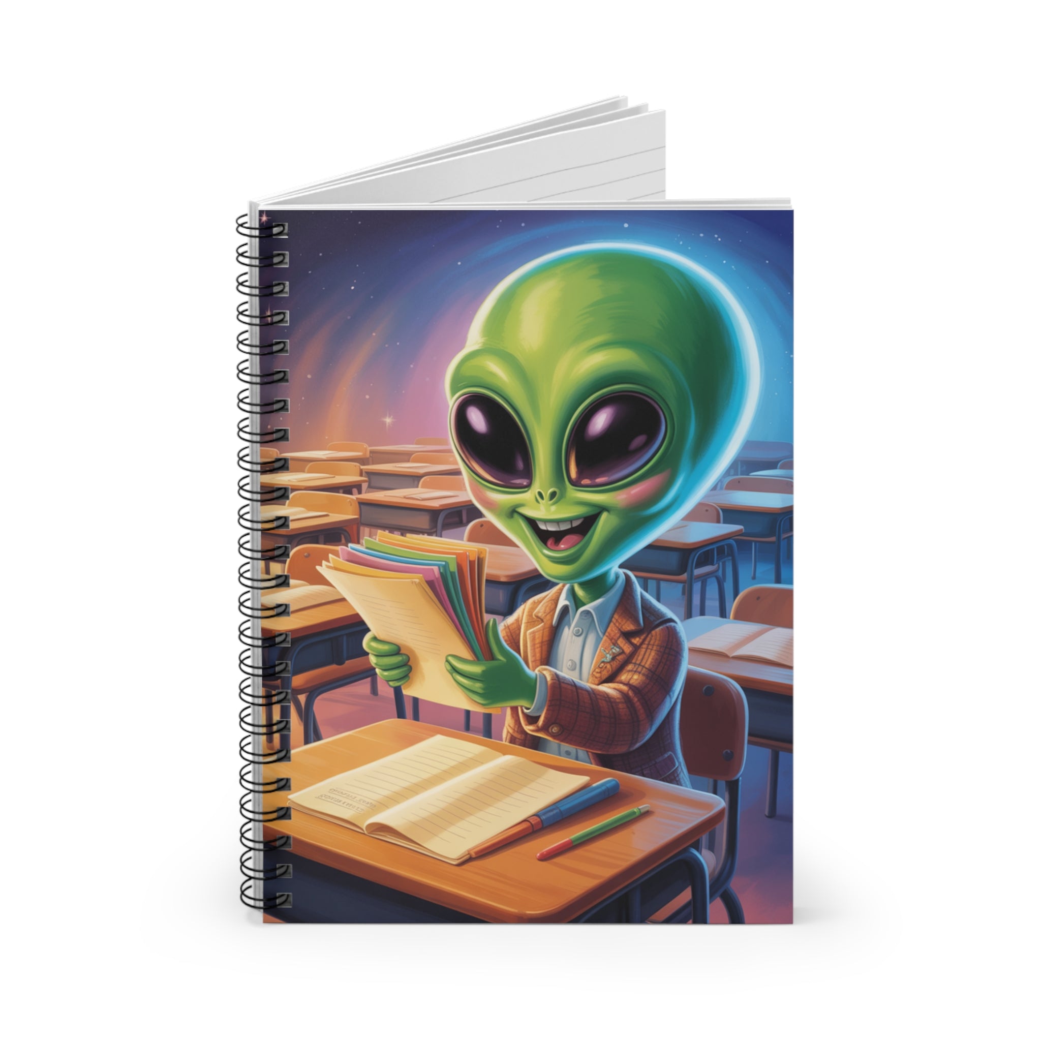 Green Classroom Alien -  Lined Spiral Notebook