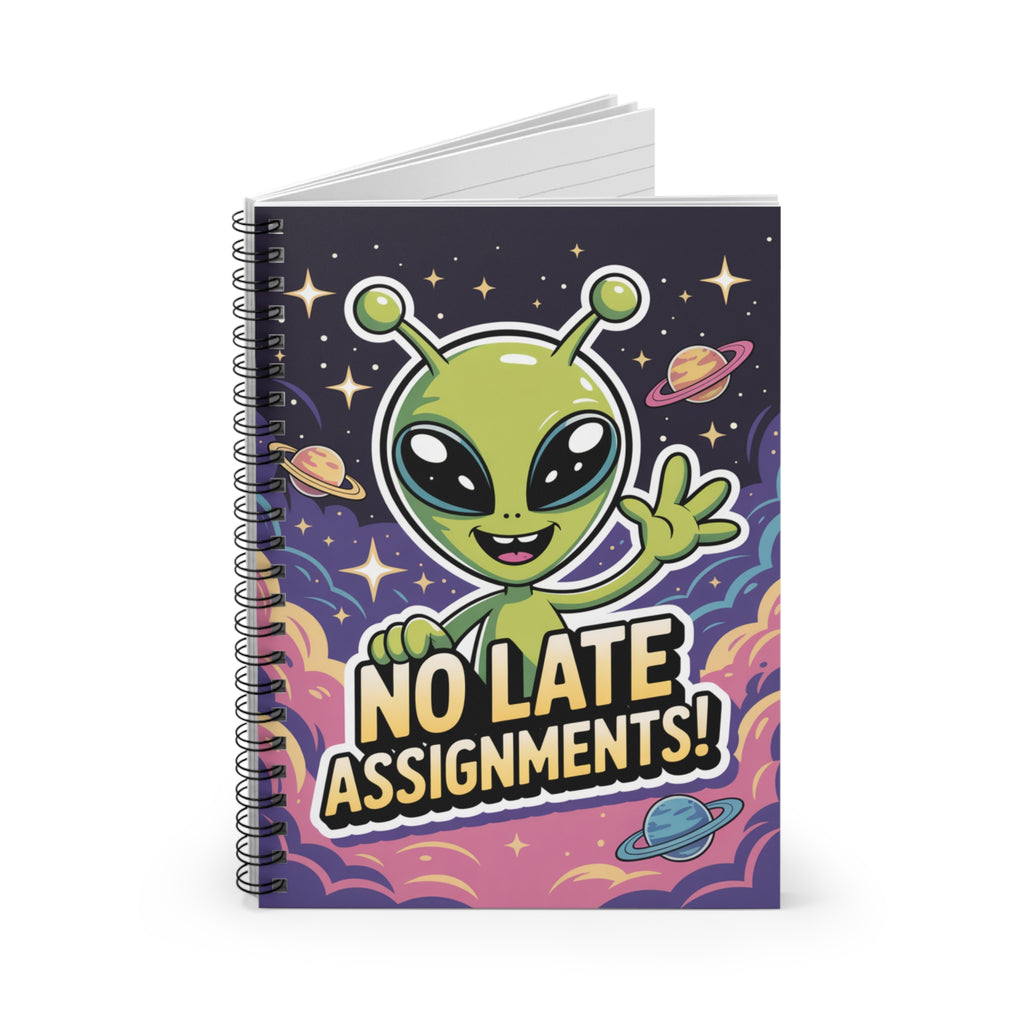 Green "No Late Assignments!" Alien -  Lined Spiral Notebook