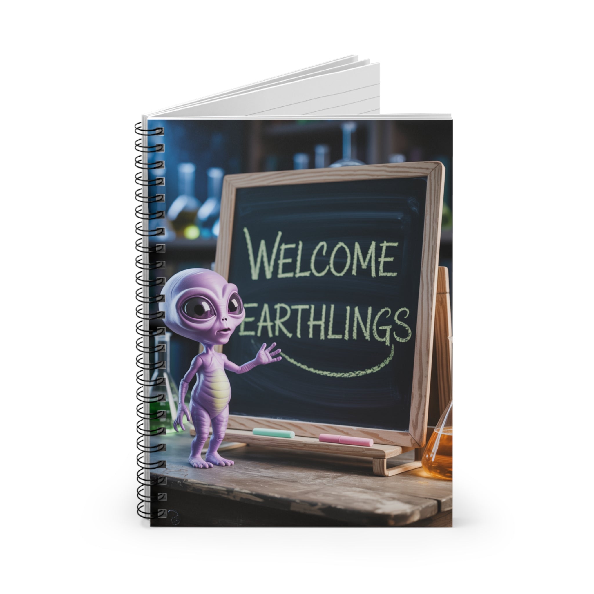 Purple "Welcome Earthlings" Alien -  Lined Spiral Notebook