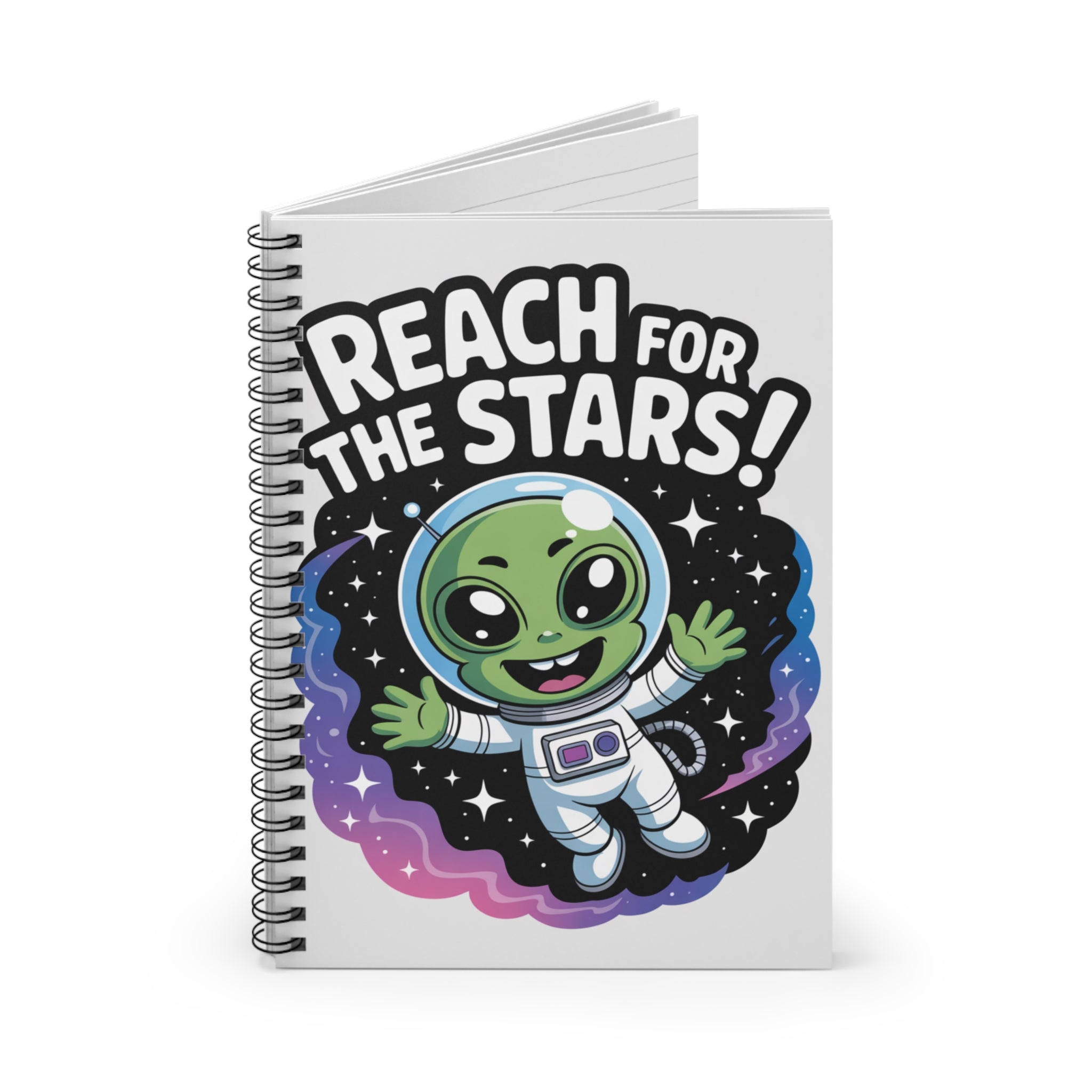 Green "Reach for the Stars!" Alien -  Lined Spiral Notebook