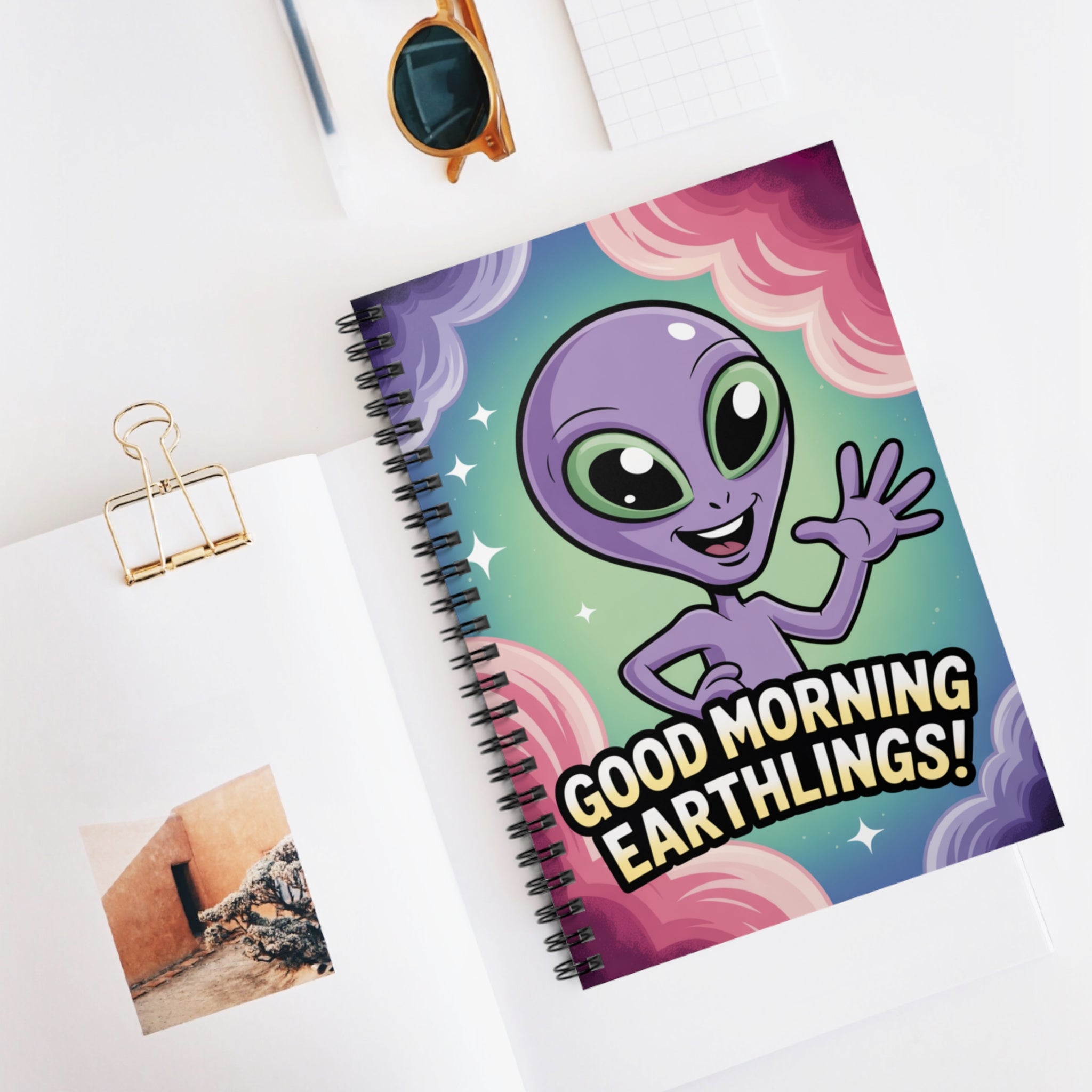 Purple "Good Morning Earthlings!" Alien -  Lined Spiral Notebook