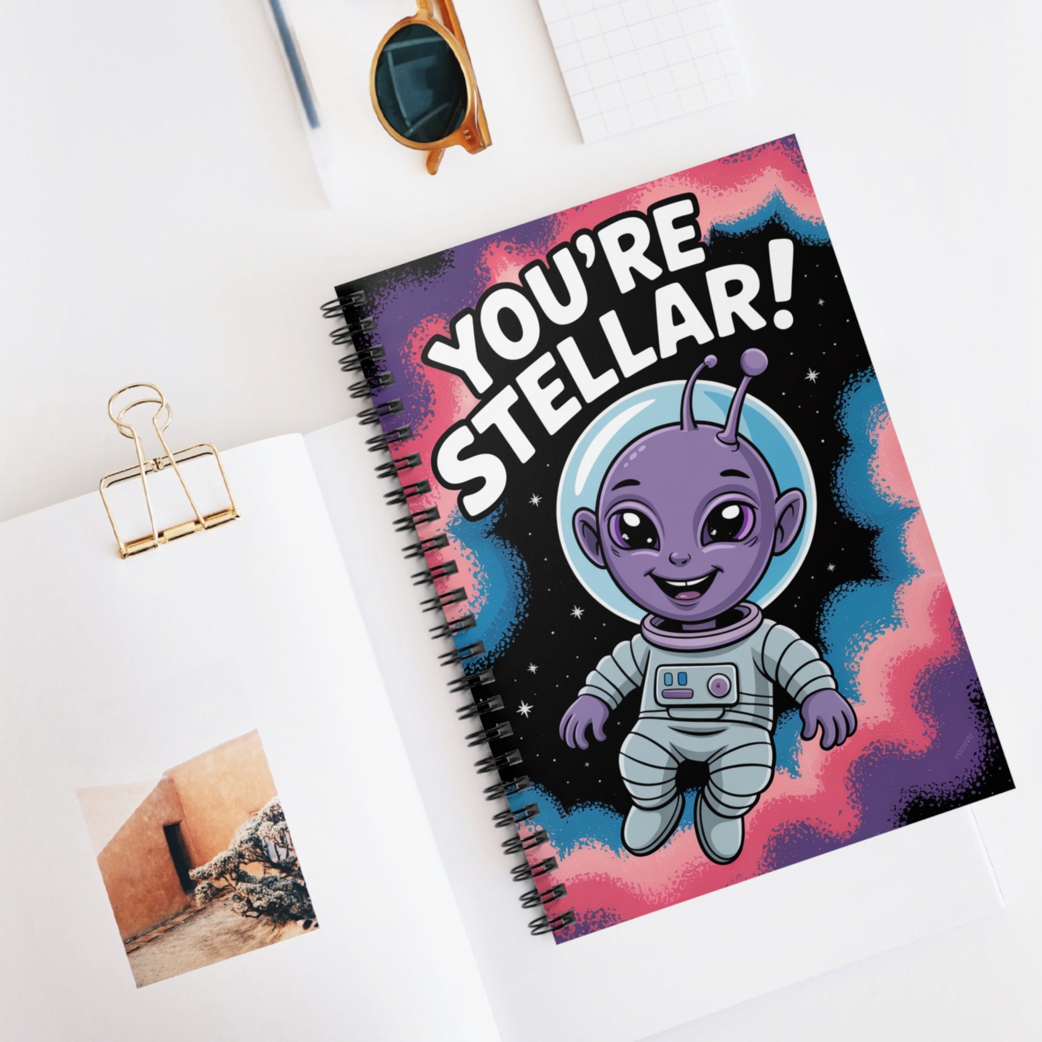 Purple "You're Stellar!" Alien -  Lined Spiral Notebook
