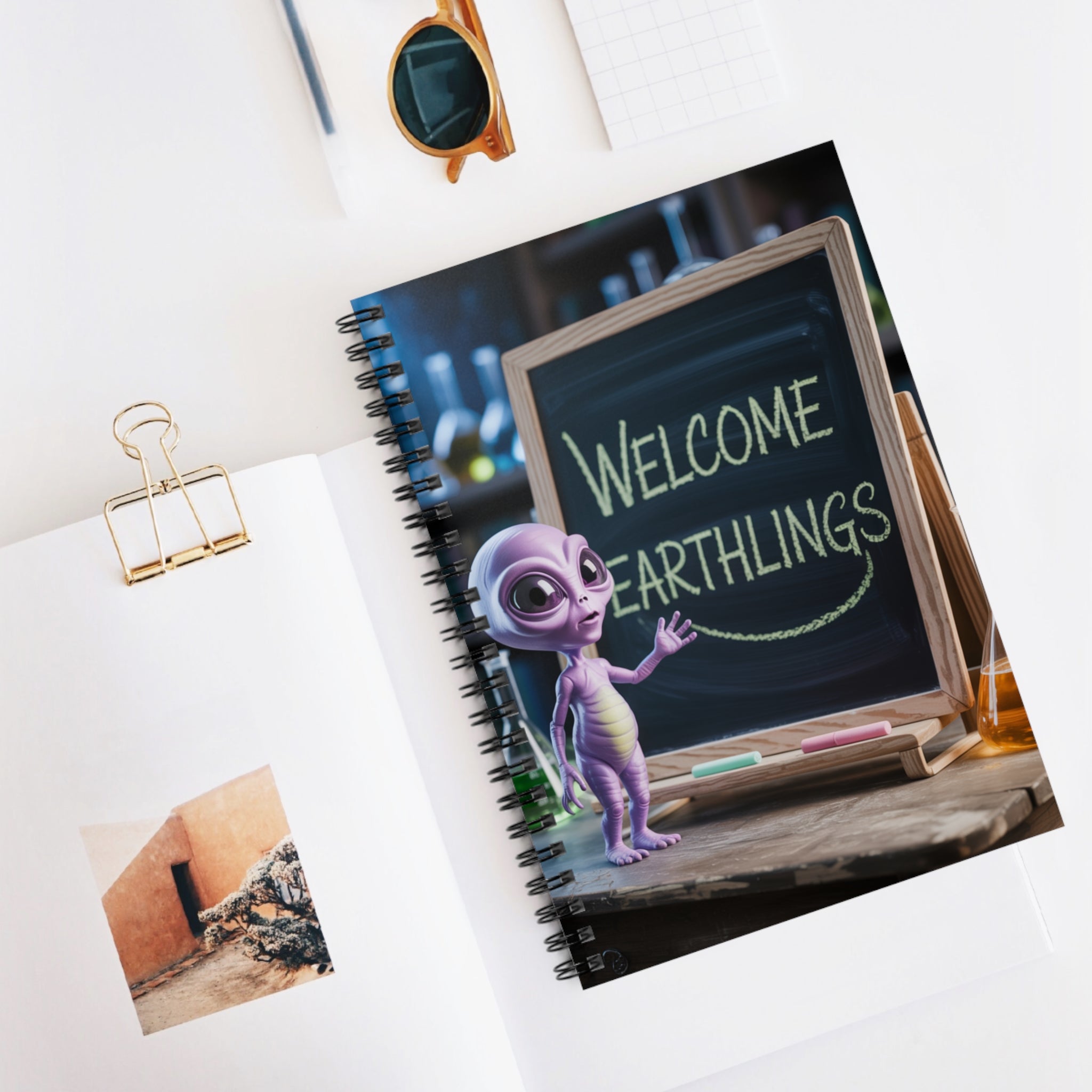 Purple "Welcome Earthlings" Alien -  Lined Spiral Notebook