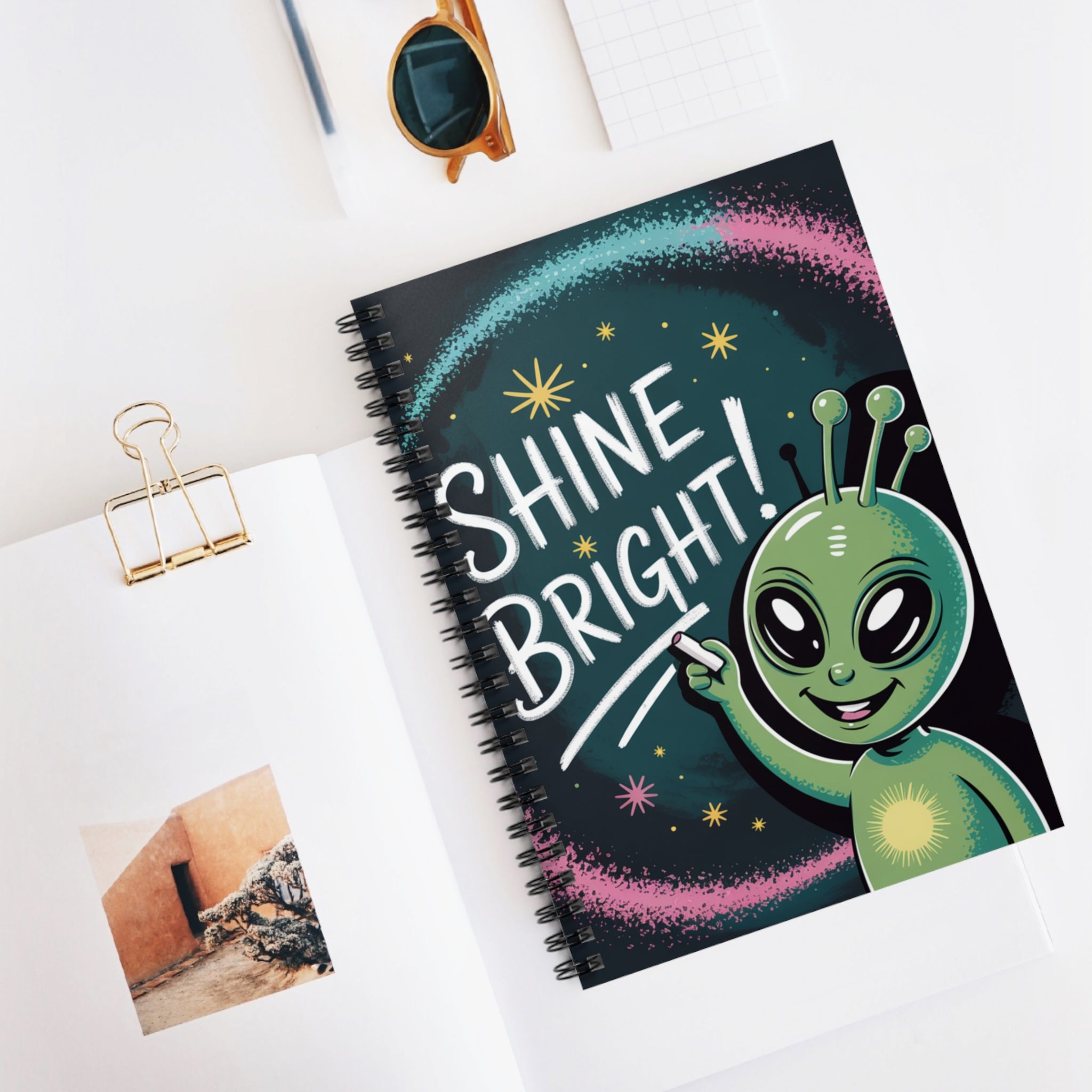 Green "Shine Bright" Alien -  Lined Spiral Notebook
