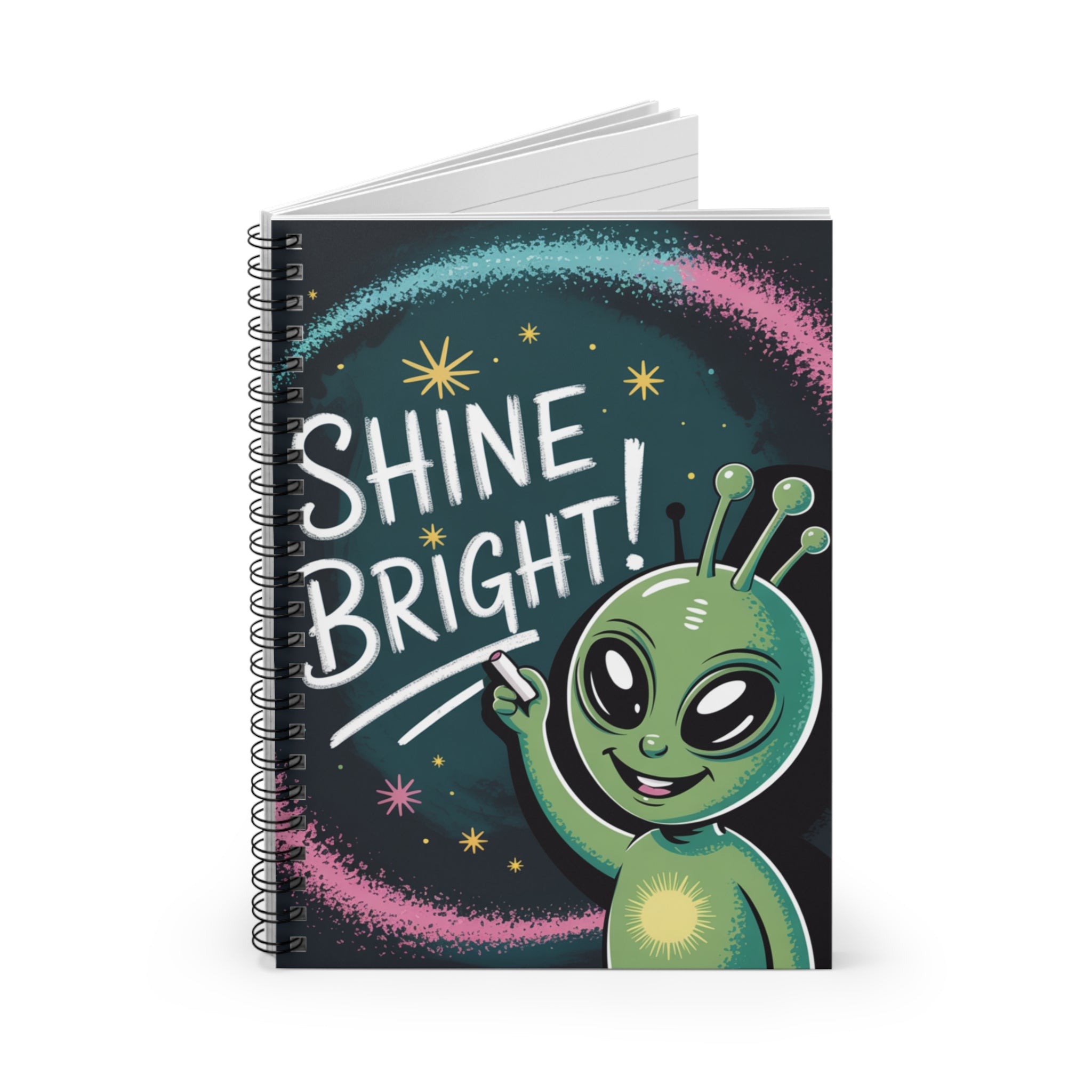 Green "Shine Bright" Alien -  Lined Spiral Notebook